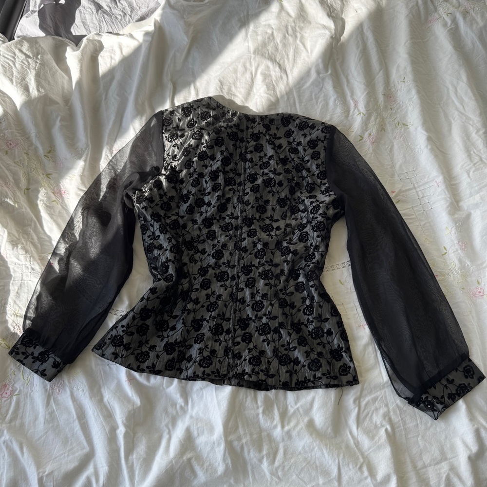 Michel USA Vintage Black Flocked Floral Sheer Sleeve Blouse L - Picture 8 of 10